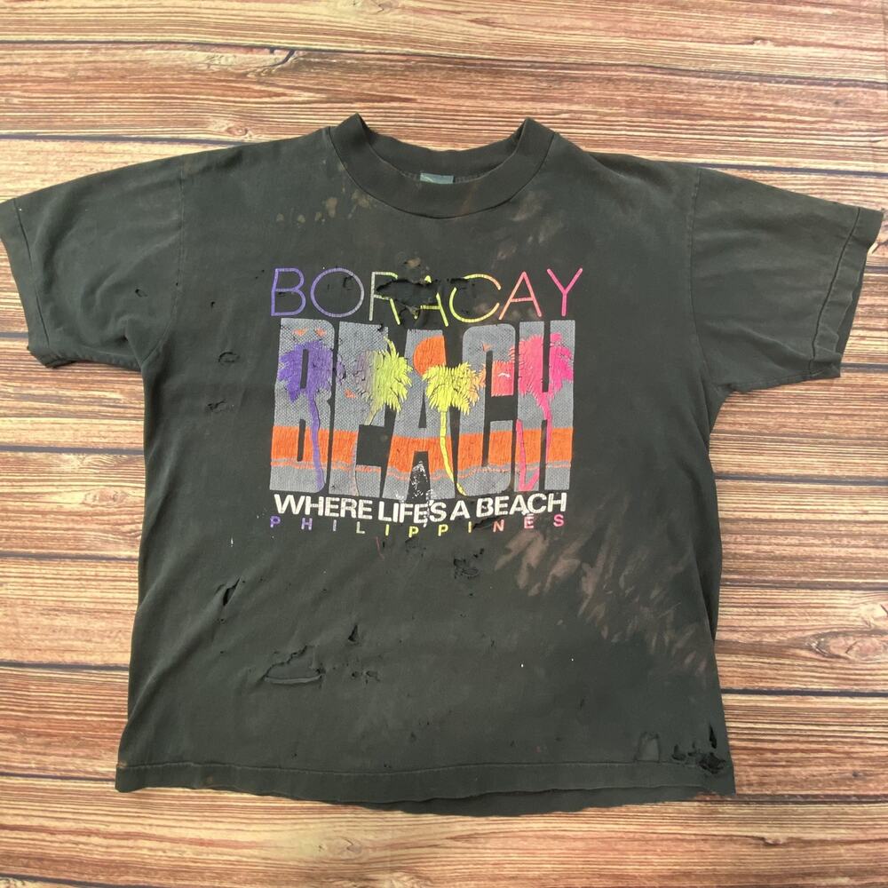 Vtg Boracay Beach Philippines Shirt M Black Rainbow Palm Trees 90s